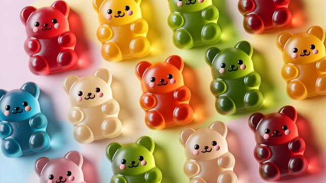 Colecci&oacute;n de simp&aacute;ticos ositos de goma de colores con caras sonrientes sobre un fondo de tonos pastel