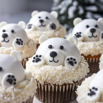 Cupcakes decorados con figuras de osos polares de fondant y virutas de coco blanco en un concepto navide&ntilde;o