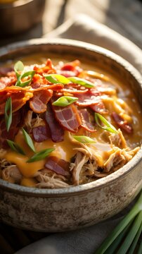 Cuenco r&uacute;stico de carne desmechada con queso cheddar fundido, bacon crujiente y cebolleta