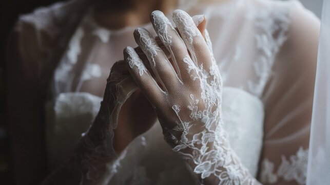 Close up of a graceful woman or bride wearing elegant white lace gloves, holding her hands together