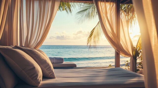 Luxury cozy beach cabana with white curtains and comfortable lounge bed overlooking the tropical ocean