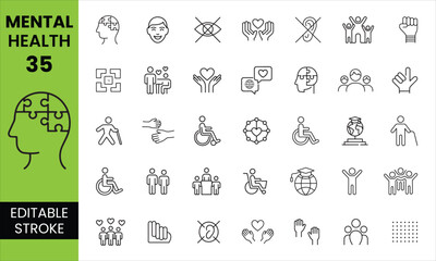 Fototapeta premium Mental Health Editable Icon Set featuring therapy, psychology, meditation, stress management, counseling, emotional wellness, and mindfulness outline icons.