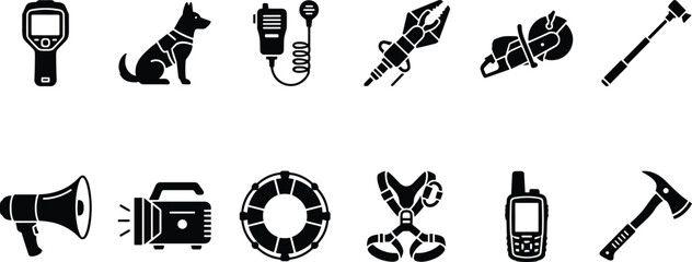Emergency Search and Rescue Equipment Icon Set Featuring First Responder Tools and Disaster Recovery Symbols Graphics Design © Abdur