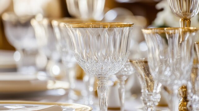 Row of luxurious cut crystal glasses with gold rims arranged on a festive restaurant table setting