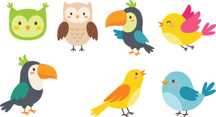 Obraz premium Cute cartoon forest and tropical bird character sticker vector set with owl toucan canary and flying birds illustration.