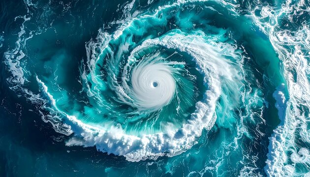 A swirling vortex of turquoise ocean water with white foam