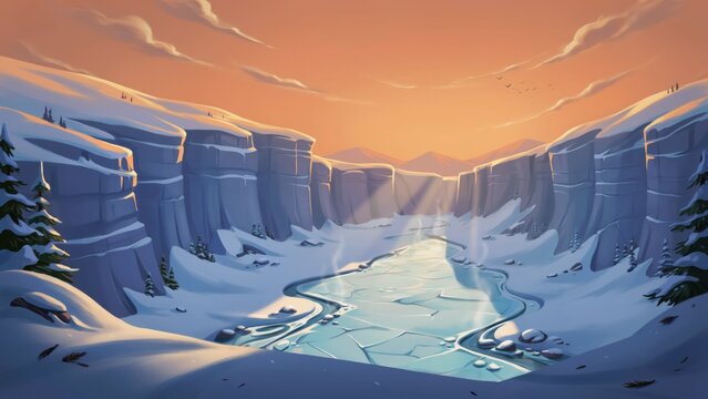 Winter landscape with frozen river and high rocky mountain cliffs
