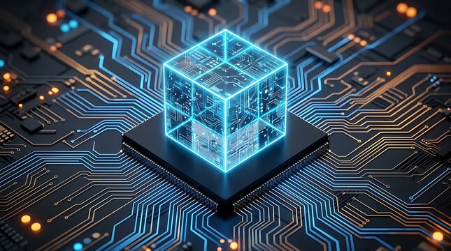 Single glowing blue holographic cube on a central processing unit chip, depicting core data processing, digital twin technology, and advanced computing