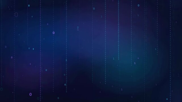 Abstract digital background with falling binary code numbers in deep blue and purple space