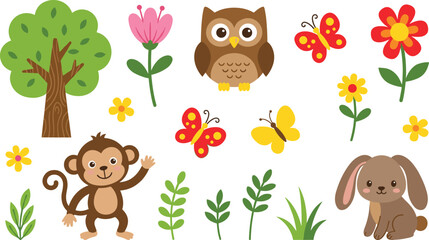 Cute cartoon wild animal and nature vector set with monkey owl rabbit flowers trees and butterflies © Shukimon