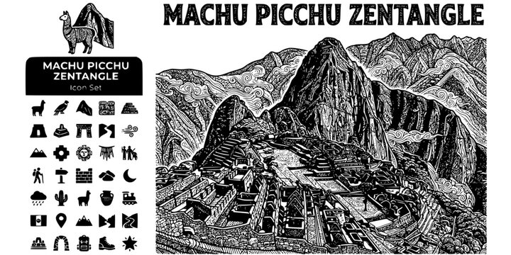 Machu Picchu Peru Travel Zentangle Black White-Inca Stone Mist Mountain City-Ancient Destination Vector-Machu Icon Zentangle-Travel Poster Design Set