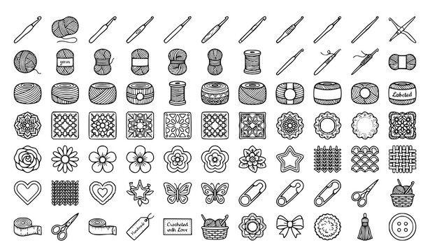 Crochet Hook and Yarn Outline Icon Vector Set with Handmade Stitch Pattern Collection