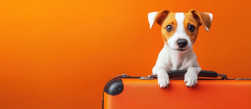 Cute happy dog sitting on a bright suitcase. Travel, vacation, and pet transportation concept