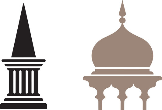 Architectural vector icons of a classical column with a sharp spire and an oriental dome with arches