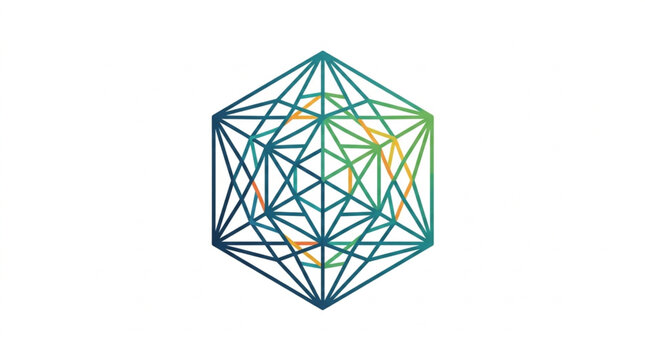 Geometric wireframe dodecahedron with vibrant colors.