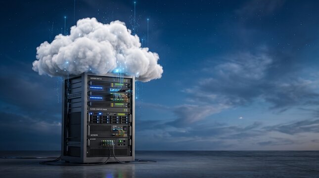 Cloud Computing Server Rack Concept with Digital Data Transfer in Night Sky