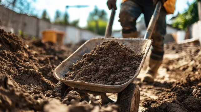 Heavy duty wheelbarrow filled with rich brown soil standing on a construction or gardening site
