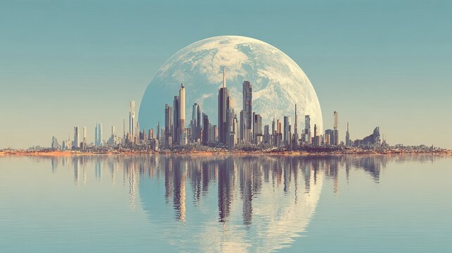 Futuristic planet covered with towering skyscrapers stretching across the horizon