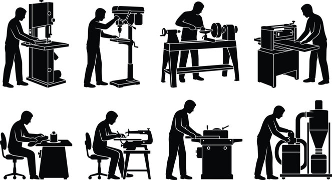 Vector silhouette collection of woodworkers carpenters and craftsmen operating professional machinery and workshop power tools isolated on white background