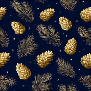 Luxury seamless Christmas pattern with golden pine cones and branches on deep navy blue background
