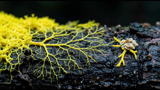 Yellow slime mold spreading its network across bark toward food