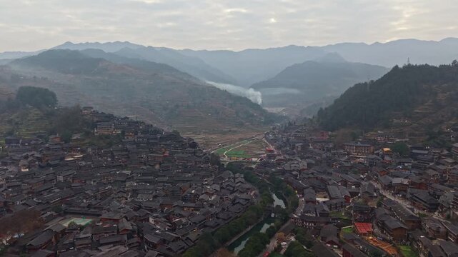 Aerial photography of Chinese ethnic minority villages, Xijiang Qianhu Miao Village
