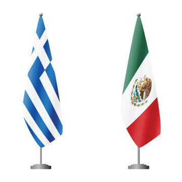 Greece and Mexico flags on flagpoles for official ceremonies and meetings, transparent background vector