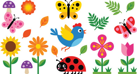 Cute spring nature vector element set with bird butterflies ladybug flowers mushrooms leaves and sunflower © Shukimon
