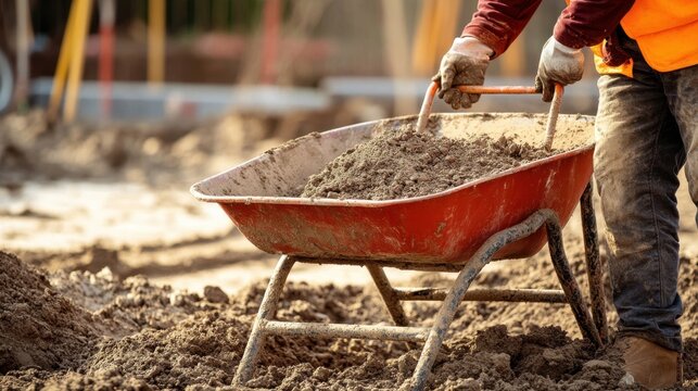 Heavy duty wheelbarrow filled with rich brown soil standing on a construction or gardening site