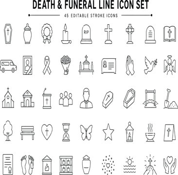 Death and Funeral Line Icon Set 45 Editable Stroke Vector Icons
