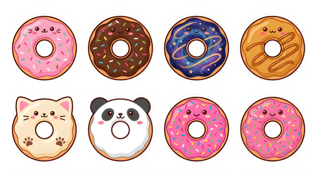 Set of eight cute cartoon donut stickers with kawaii faces on transparent background with eight adorable