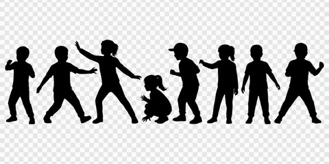 Dynamic black silhouettes of cheerful children engaged in a range of playful and active poses, depicting youthful energy, movement, and diverse body language against a clean white background © Line pro