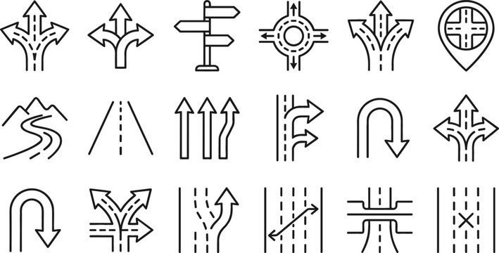 Roadway Map Navigation and Traffic Intersections Thin Line Icon Set Featuring U-Turn, Roundabout, Lane Merging, Highway Forks, Guideposts, and Dead End Symbols for GPS Web Interfaces
