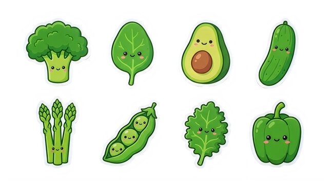 Cute cartoon green vegetable character sticker collection on transparent background with eight adorable