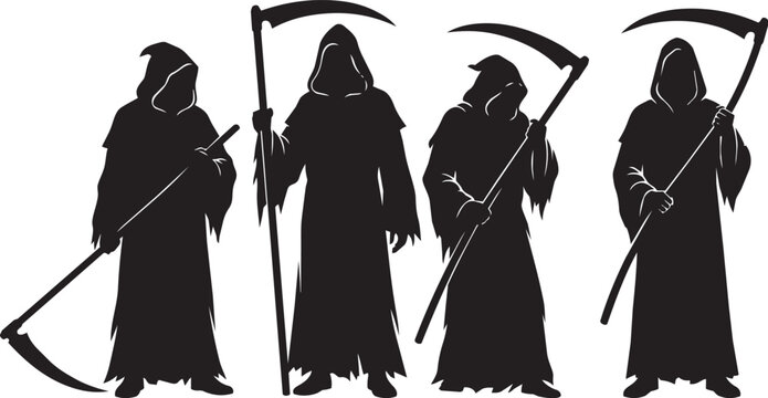 Grim Reaper Silhouettes Holding Scythes Set Isolated on White Background

Set of four Grim Reaper silhouettes wearing hooded cloaks and holding scythes in different poses.