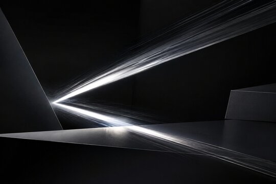 A streaking silver light trail on a dark background with geometric shapes.
