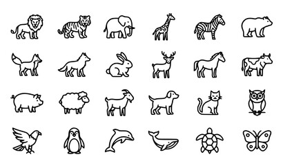 Obraz premium Animal Line Icon Set with Wildlife Farm and Pet Outline Symbols Vector
