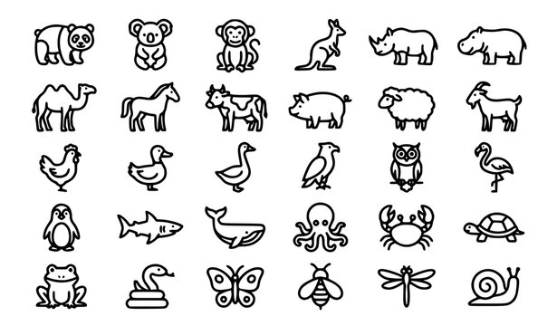 Animal Outline Icon Collection with Wild Farm Bird and Sea Creature Symbols