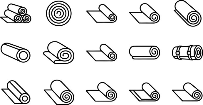 Rolled Fabric and Textile Material Outline Icon Set Featuring Carpet Rolls, Yoga Mats, Paper Bundles, Wallpaper, and Sleeping Bags for Interior Manufacturing Designs