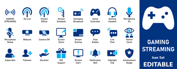 Gaming Streaming Vector Icon Set Including Gamepad, Headset, Webcam, and Chat UI Elements for Esports and Live Broadcast © IconsCraft