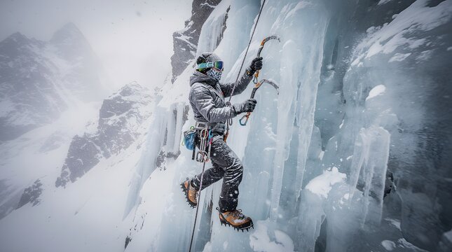 Professional mountaineer climbing a steep frozen waterfall with ice axes and crampons in the mountains.