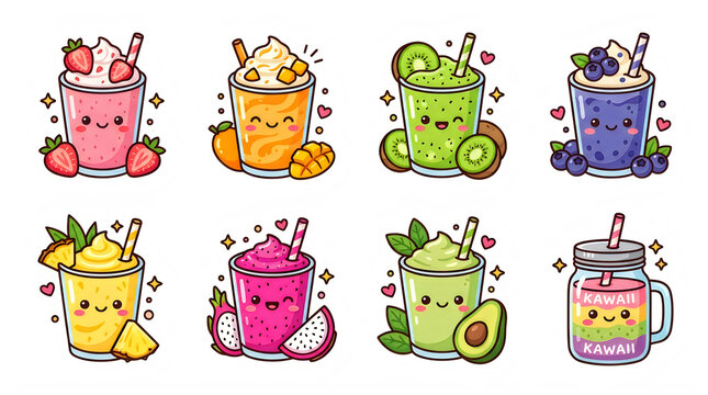 Set of cute cartoon fruit smoothies and drinks on transparent background with collection eight adorable