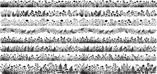 Wildflower and Botanical Silhouette Border Collection Featuring Meadow Grass Ferns Leaves and Floral Black Vector Illustration Set © Mimi