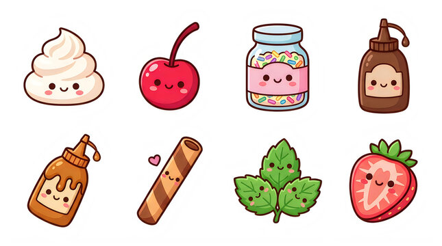 Cute kawaii dessert topping collection icons set on transparent background with eight adorable stylized