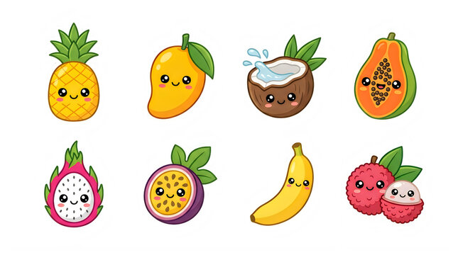 Set of cute kawaii tropical fruit characters vector icons on transparent background with eight adorable