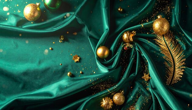 A teal fabric with gold decorations and ornaments scattered on it