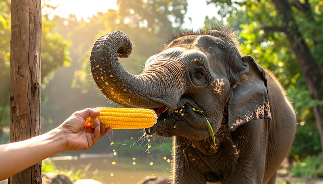 A tender moment of an elephant being fed corn on the cob by a human hand in a serene natural setting
