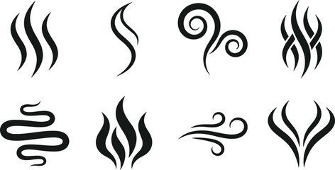 Black steam and smoke aroma swirl line vector icon set with hot wind breeze vapor fire elements © Shukimon