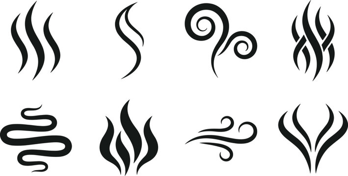 Black steam and smoke aroma swirl line vector icon set with hot wind breeze vapor fire elements