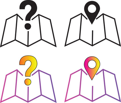 Colorful map with question marks and location pins gradient
